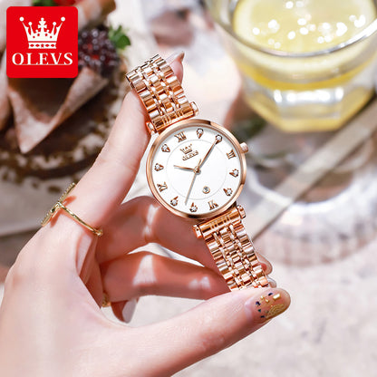 OLEVS 5866 Luxury Fashion Quartz watch for women- Rose Gold & white