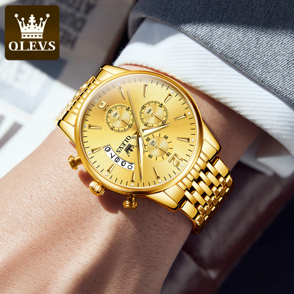 Olevs 2867 Stainless Steel Chronograph Wrist Watch For Men - Gold