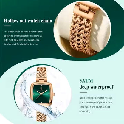 POEDAGAR 768 Luxury Square Elegant Fashion Ladies Watch- Rose Gold & Green