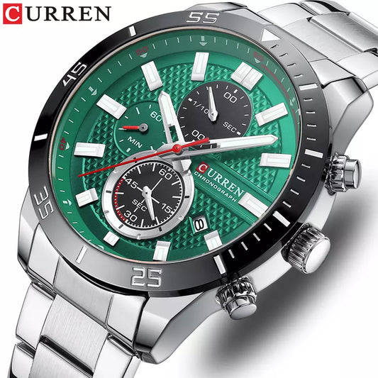 CURREN 8417 Chronograph Luminous Watch for Men - Silver & Green