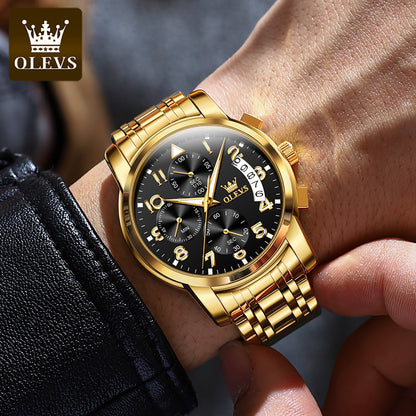 Olevs 2879 Business Fashion Multifunctional Chronograph Quartz Watch- Gold & Black