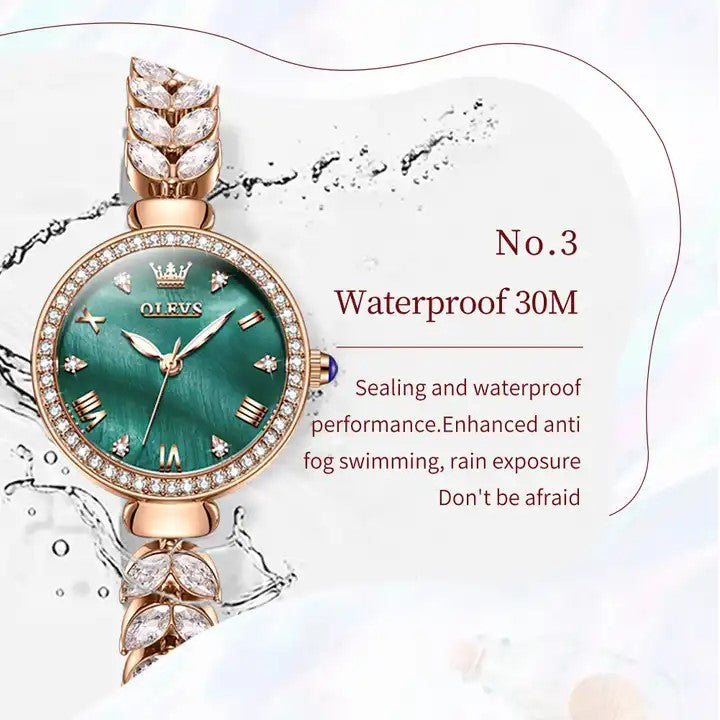 OLEVS 9971 Trendy Rhinestone Bracelet Watch For Women-Rose Gold & Green