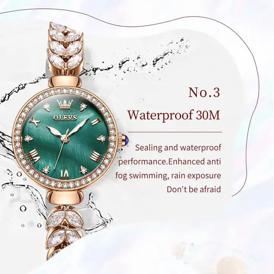 OLEVS 9971 Trendy Rhinestone Bracelet Watch For Women-Rose Gold & Green