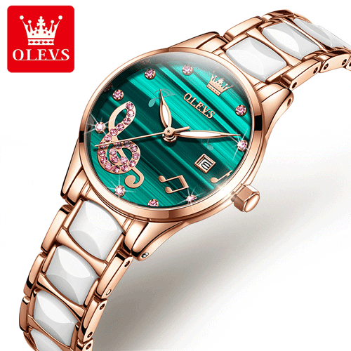 OLEVS 3605 Luxury Ceramic Quartz women wristwatch- Green