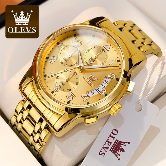 Olevs 2879 Business Fashion Multifunctional Chronograph Quartz Watch- Gold