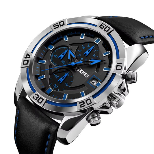 SKMEI 9156 Active Chronograph Leather Quartz Watch for Men- Blue