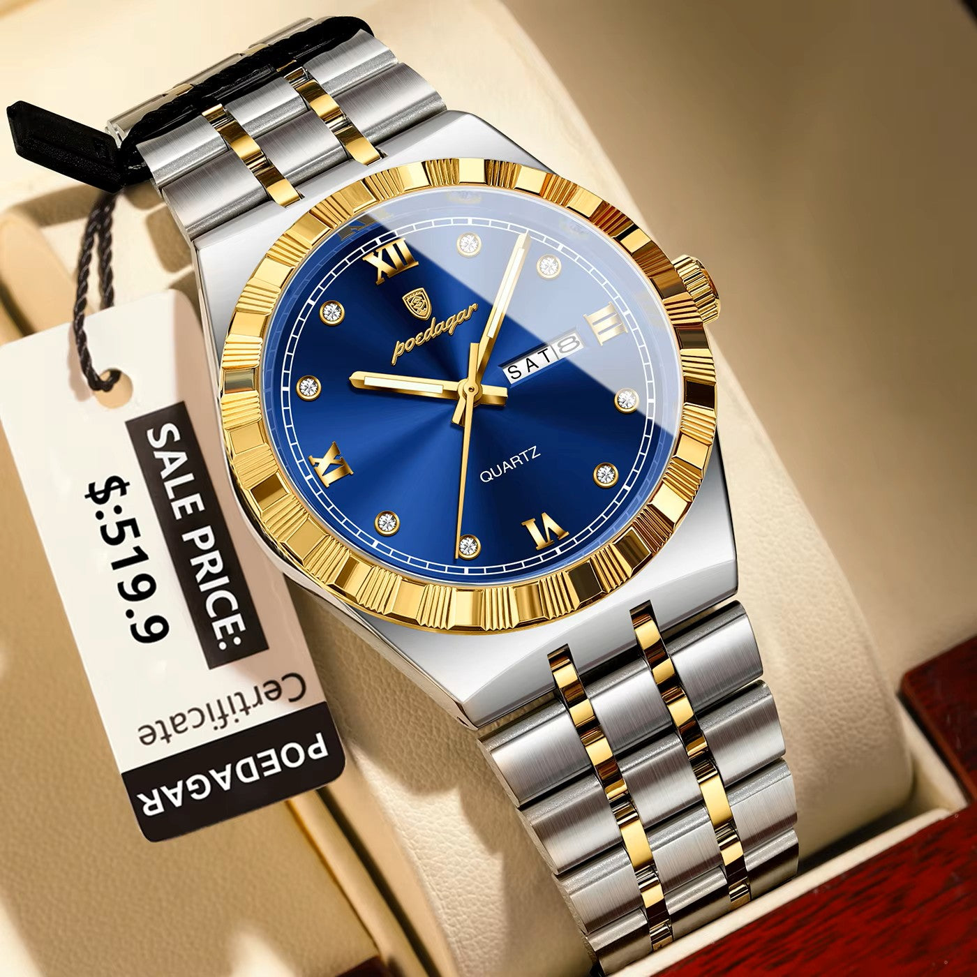 POEDAGAR 872 Luminous Stainless Steel Quartz Day date view Men’s Wristwatch- Silver Gold & Blue