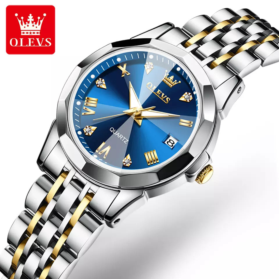 OLEVS 9931 Luxury Water-resistant women Quartz Wristwatch- Silver Gold & Blue