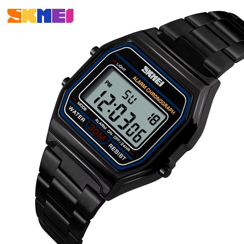 SKMEI 1123 Classic design Unisex Square Digital Display Multi-Function Stainless Steel watch- Black