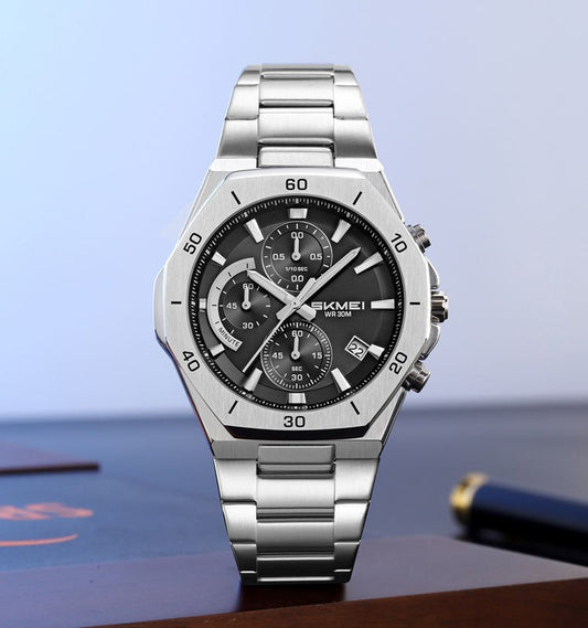 SKMEI 2452 Luxury Active Chronograph Luminous Stainless Steel Men’s Quartz Watch- Silver Black