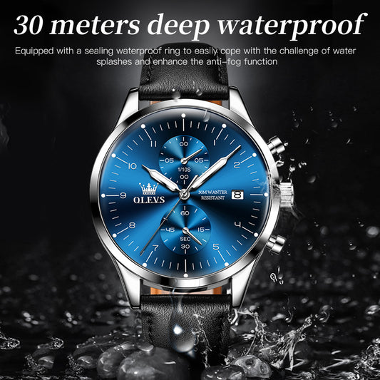 OLEVS 2880 Multifunctional Quartz Watch Business Casual Simple Thin Men's Watch- Black Blue