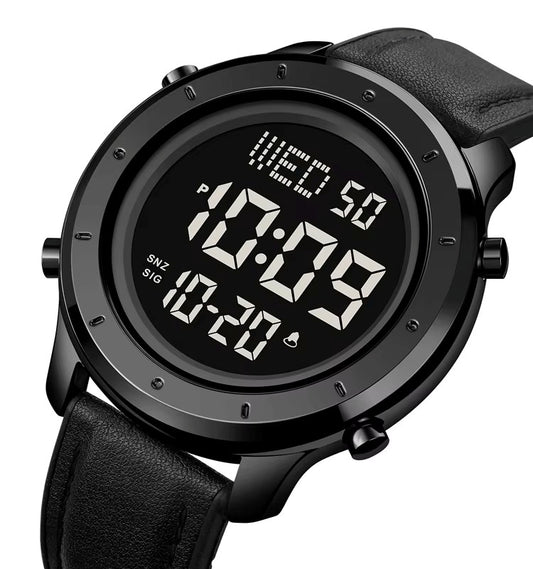 SKMEI 1864 Metal Steel Leather Digital Sport Wrist Watches for Men- Black