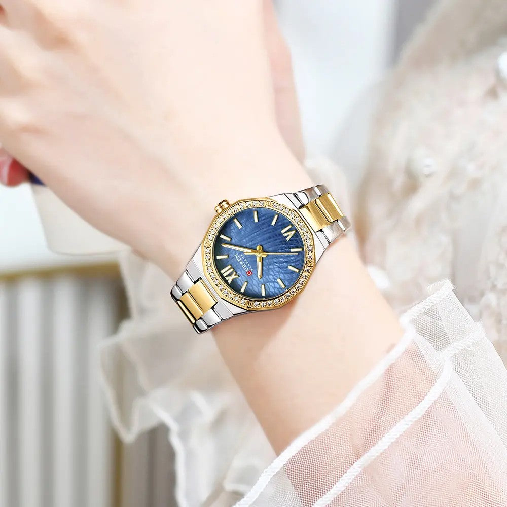 CURREN 9103 Fashion Luminous Quartz Stainless Steel Ladies Watch-Silver Gold & Blue