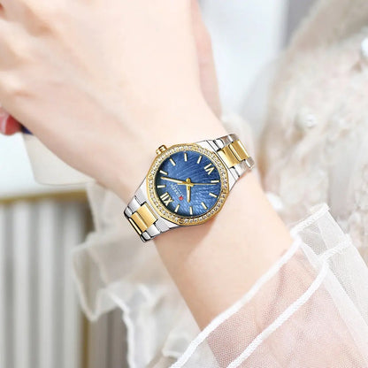 CURREN 9103 Fashion Luminous Quartz Stainless Steel Ladies Watch-Silver Gold & Blue