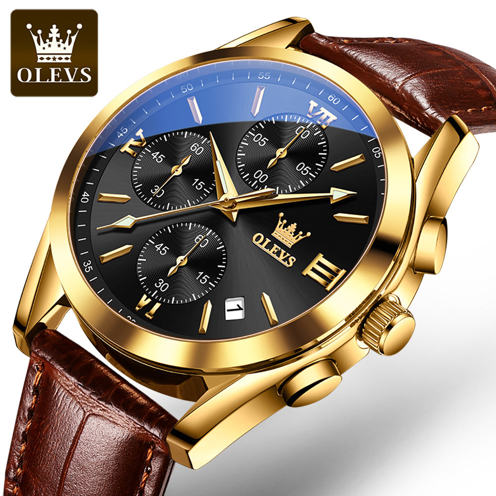 Olevs 2872 Quartz Business Casual Luminous Luxury Watch for Men-Brown Gold & Black