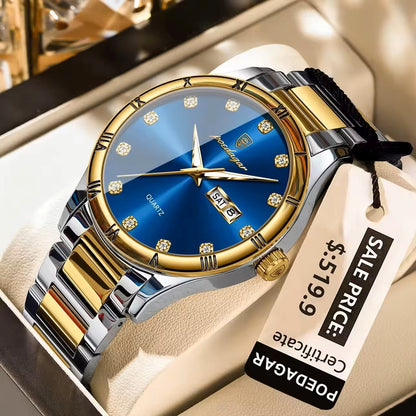 POEDAGAR 878 Luminous Man Wristwatch Top Luxury Date Week Quartz Stainless Steel Men's Watches- Silver Gold & Blue