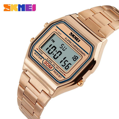 SKMEI 1123 Classic design Unisex Square Digital Display Multi-Function Stainless Steel watch- Rose Gold
