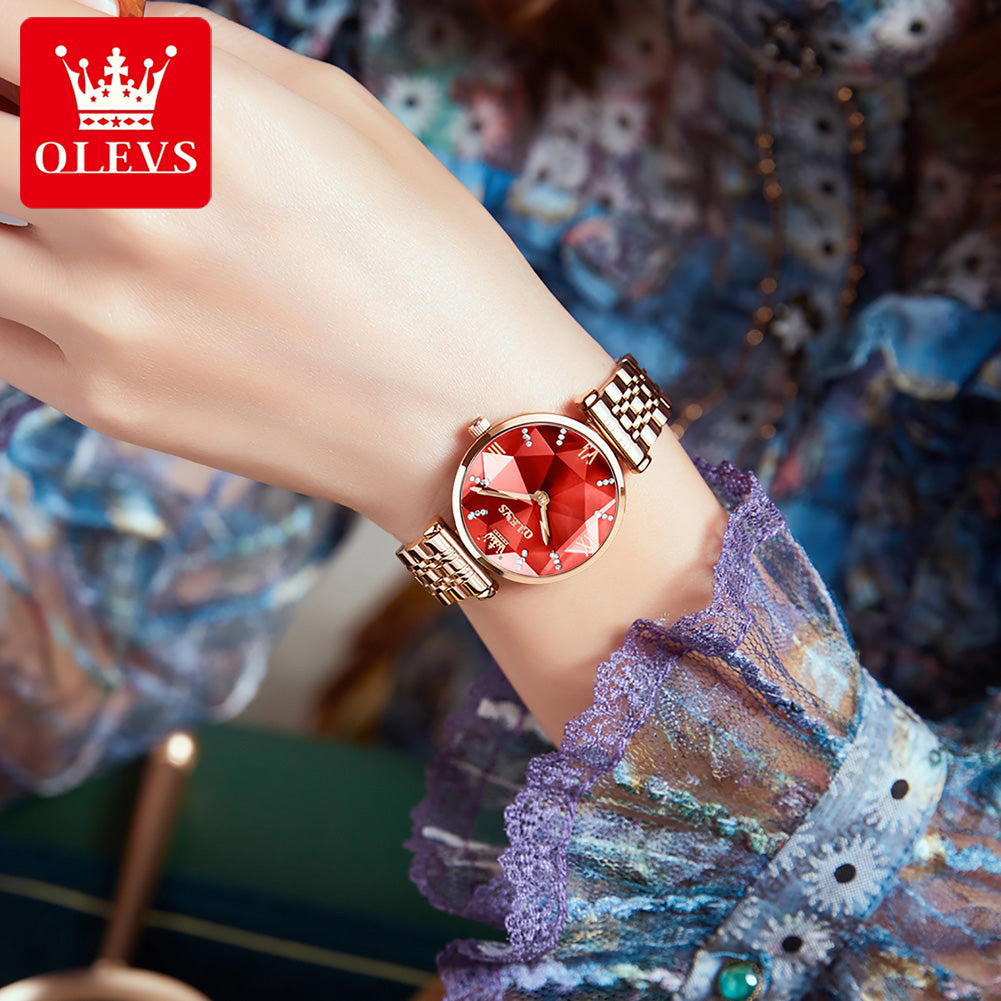 OLEVS 6642 Diamond Cart Stainless Steel Strap Japanese Movement Watch for women- Rose Gold & Red
