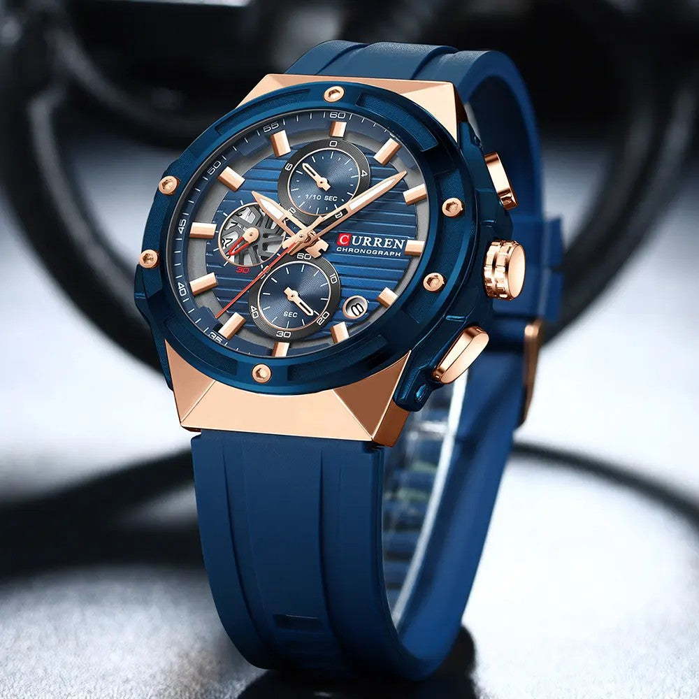 CURREN 8462 Chronograph Luminous Casual Silicon Strap Watch for Men- Blue