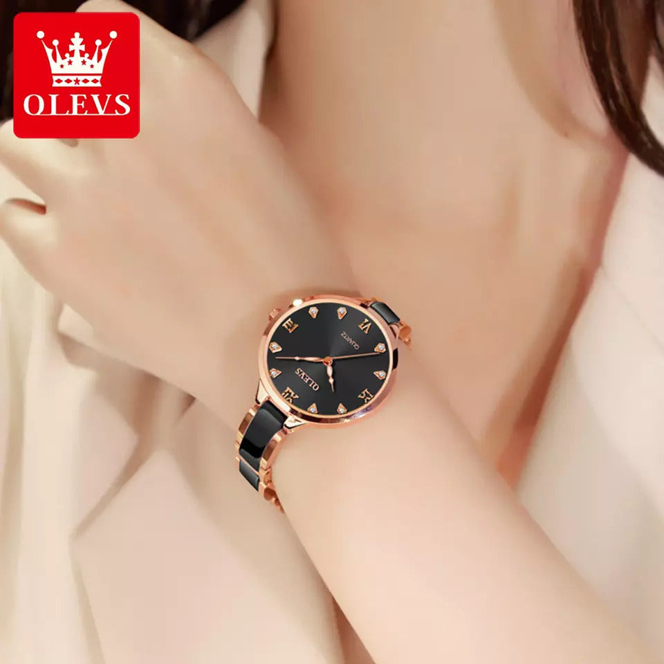 OLEVS 5872 Ceramic Quartz Women Watches- Black