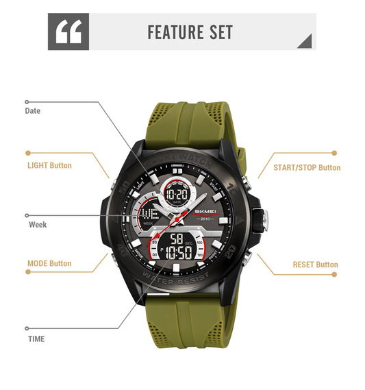 SKMEI 2486 5ATM Waterproof Digital Sports Dual Time Men’s watch- Green