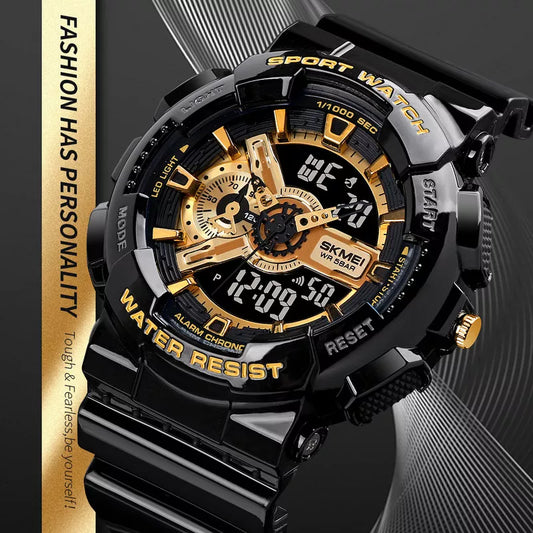 SKMEI 1688 Analog and Digital Display with Buckle Clasp Waterproof Rubber strap Band luxury sports watch- Black Gold