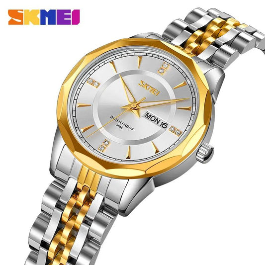 SKMEI 9264 classy elegant diamond cart stainless steel Luminous Ladies watch- Silver Gold & White