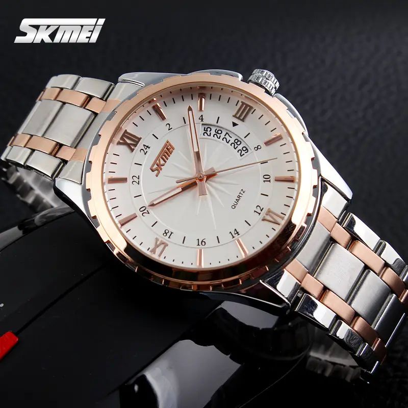 Skmei 9069 luminous needles stainless luxury Men’s watch- Silver & Rose Gold