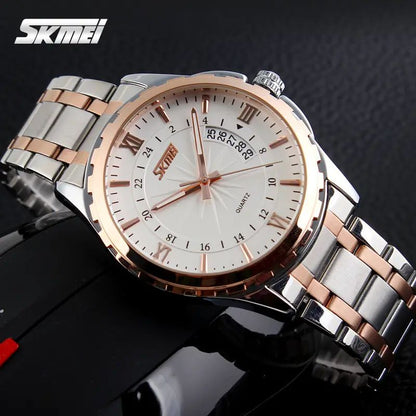 Skmei 9069 luminous needles stainless luxury Men’s watch- Silver & Rose Gold