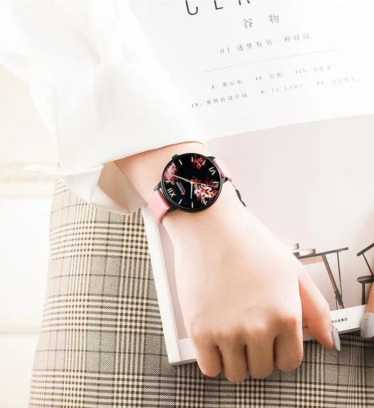 CURREN 9059 Fashion Floral Pattern Quartz Belt Watch for Women - Pink