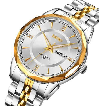 SKMEI 9268 japan movement quartz Stainless Steel Wristwatch for Men's- Silver Gold
