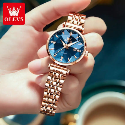 OLEVS 5536 Diamond Cart Luxury Exquisite Water-resistant Ladies Watch- Rose Gold & Blue