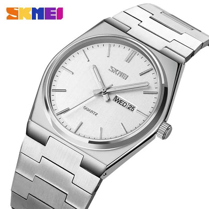 Skmei 9288 stainless steel luxury men round wristwatch for Men's- Silver