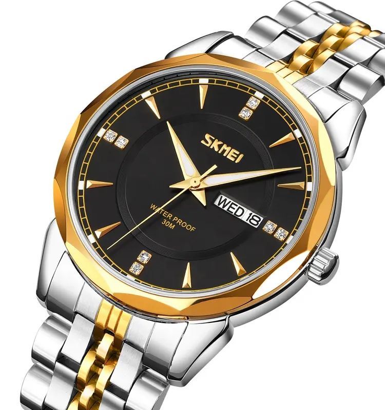 SKMEI 9268 japan movement quartz Stainless Steel Wristwatch for Men's- Silver Gold & Black