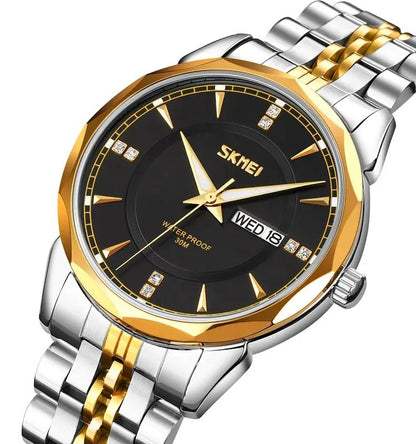 SKMEI 9268 japan movement quartz Stainless Steel Wristwatch for Men's- Silver Gold & Black