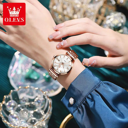OLEVS 5536 Diamond Cart Luxury Exquisite Water-resistant Ladies Watch- Rose Gold & White