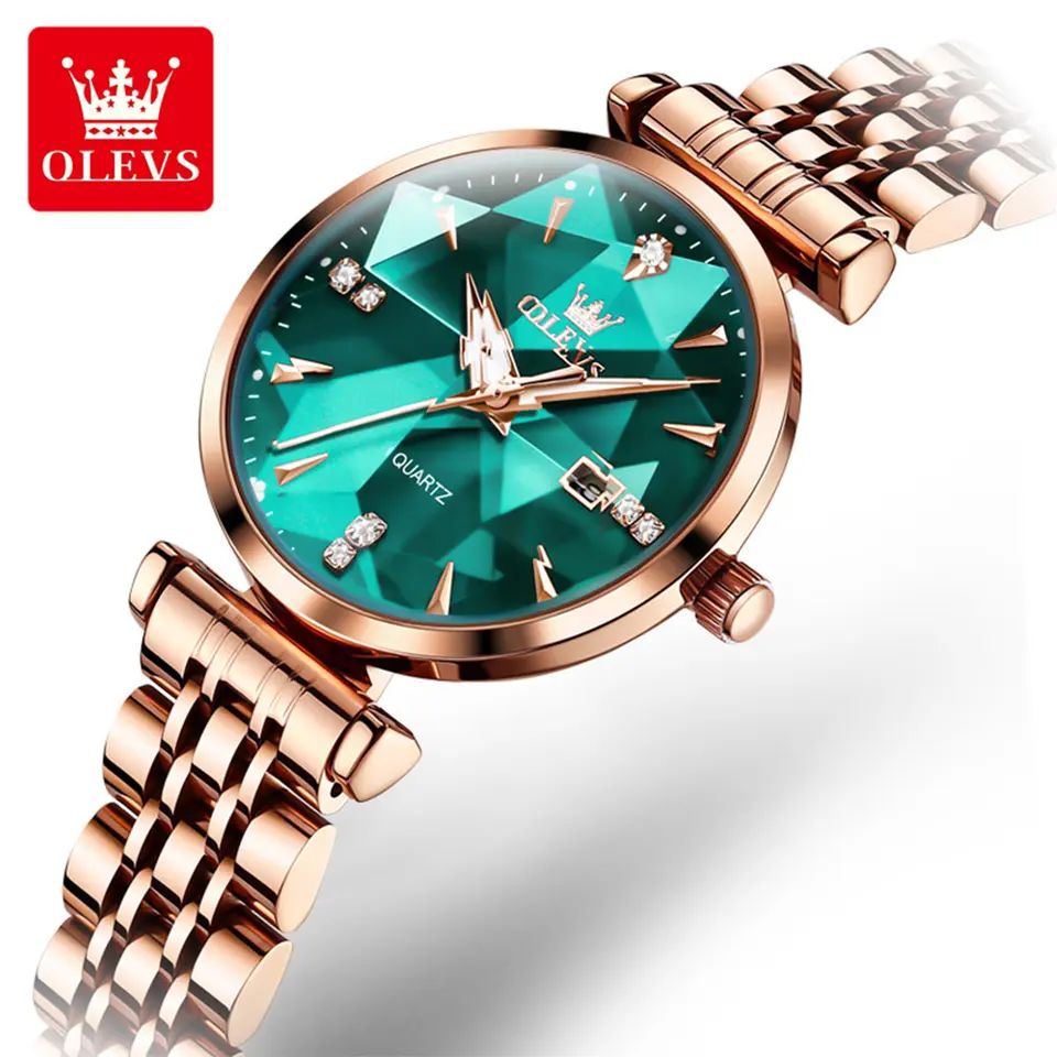 OLEVS 5536 Diamond Cart Luxury Exquisite Water-resistant Ladies Watch- Rose Gold & Green