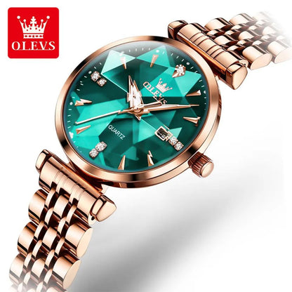 OLEVS 5536 Diamond Cart Luxury Exquisite Water-resistant Ladies Watch- Rose Gold & Green