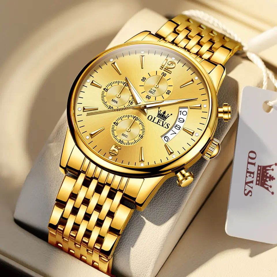 Olevs 2867 Stainless Steel Chronograph Wrist Watch For Men - Gold