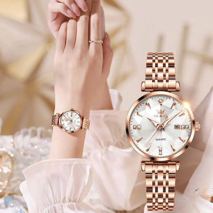 OLEVS 5536 Diamond Cart Luxury Exquisite Water-resistant Ladies Watch- Rose Gold & White