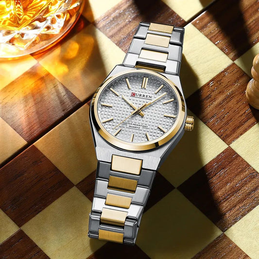 CURREN 8439 Top Brand Luxury Stainless Steel Quartz Man Wristwatch- Silver Gold