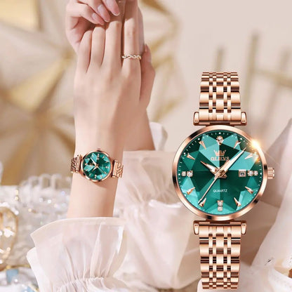 OLEVS 5536 Diamond Cart Luxury Exquisite Water-resistant Ladies Watch- Rose Gold & Green
