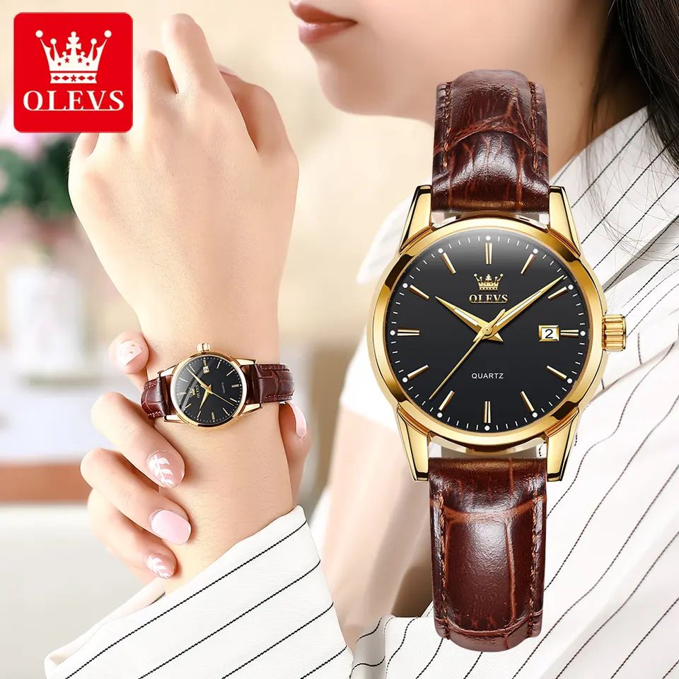 Olevs 6898 Luxury Brand Luminous Fashion Quartz Belt Watch For Ladies- Brown & Black