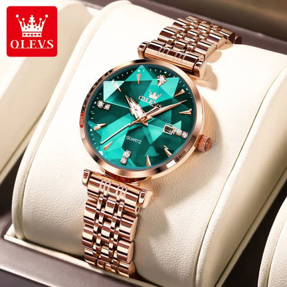 OLEVS 5536 Diamond Cart Luxury Exquisite Water-resistant Ladies Watch- Rose Gold & Green