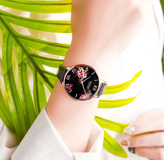 CURREN 9059 Fashion Floral Pattern Quartz Belt  Watch for Women - Black