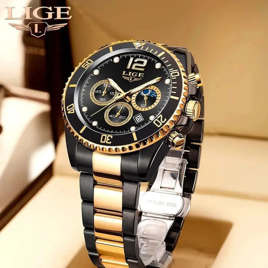 LIGE 8924 Elegant Stainless Steel Three Dial Quartz Men’s Wristwatch- Black & Gold