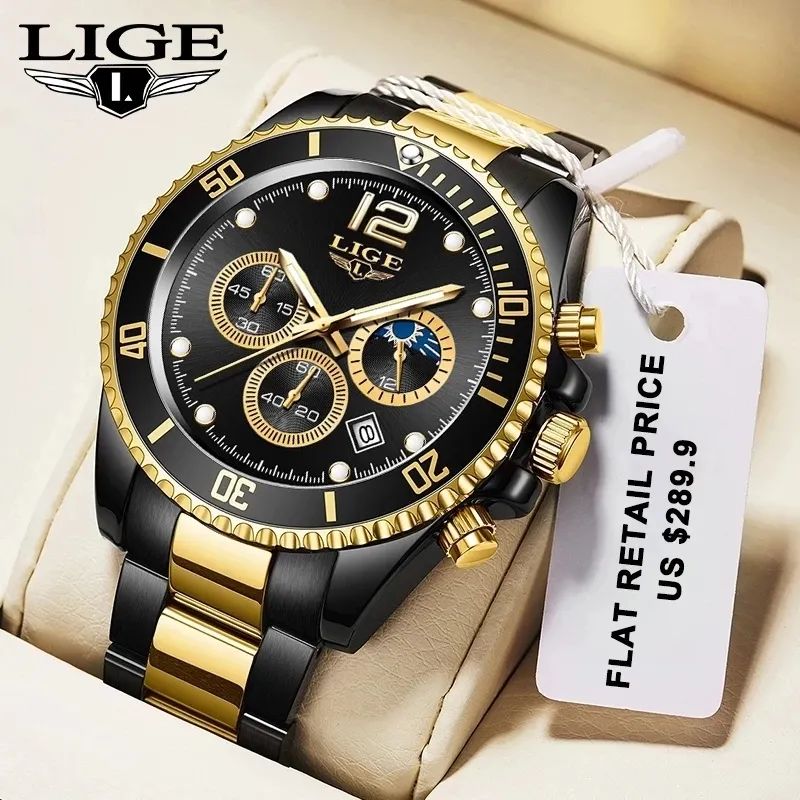 LIGE 8924 Elegant Stainless Steel Three Dial Quartz Men’s Wristwatch- Black & Gold