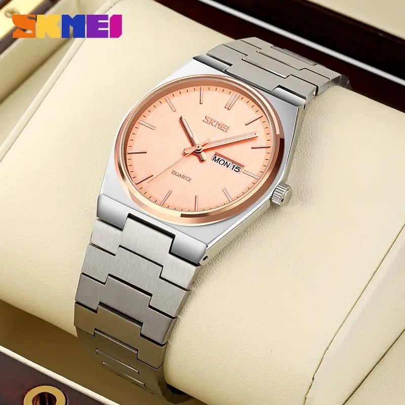 Skmei 9288 stainless steel luxury men round wristwatch for Men's- Silver & Rose Gold