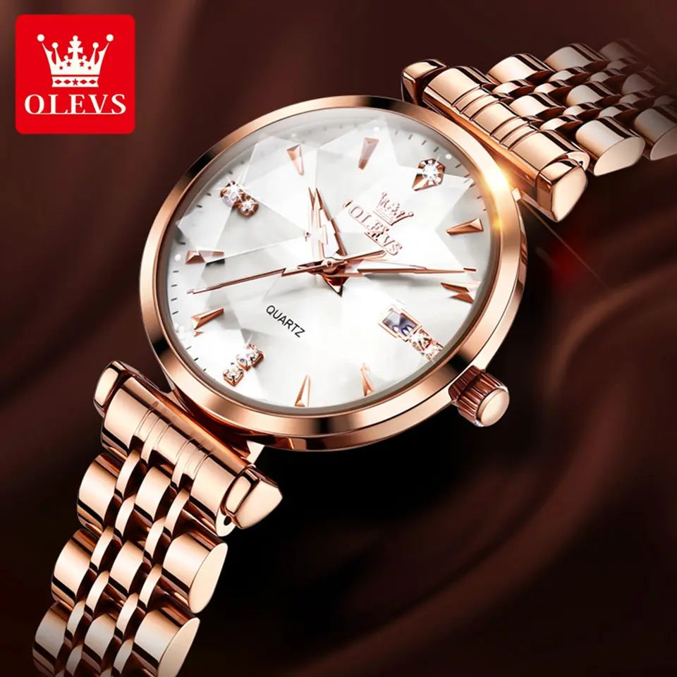 OLEVS 5536 Diamond Cart Luxury Exquisite Water-resistant Ladies Watch- Rose Gold & White