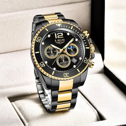 LIGE 8924 Elegant Stainless Steel Three Dial Quartz Men’s Wristwatch- Black & Gold